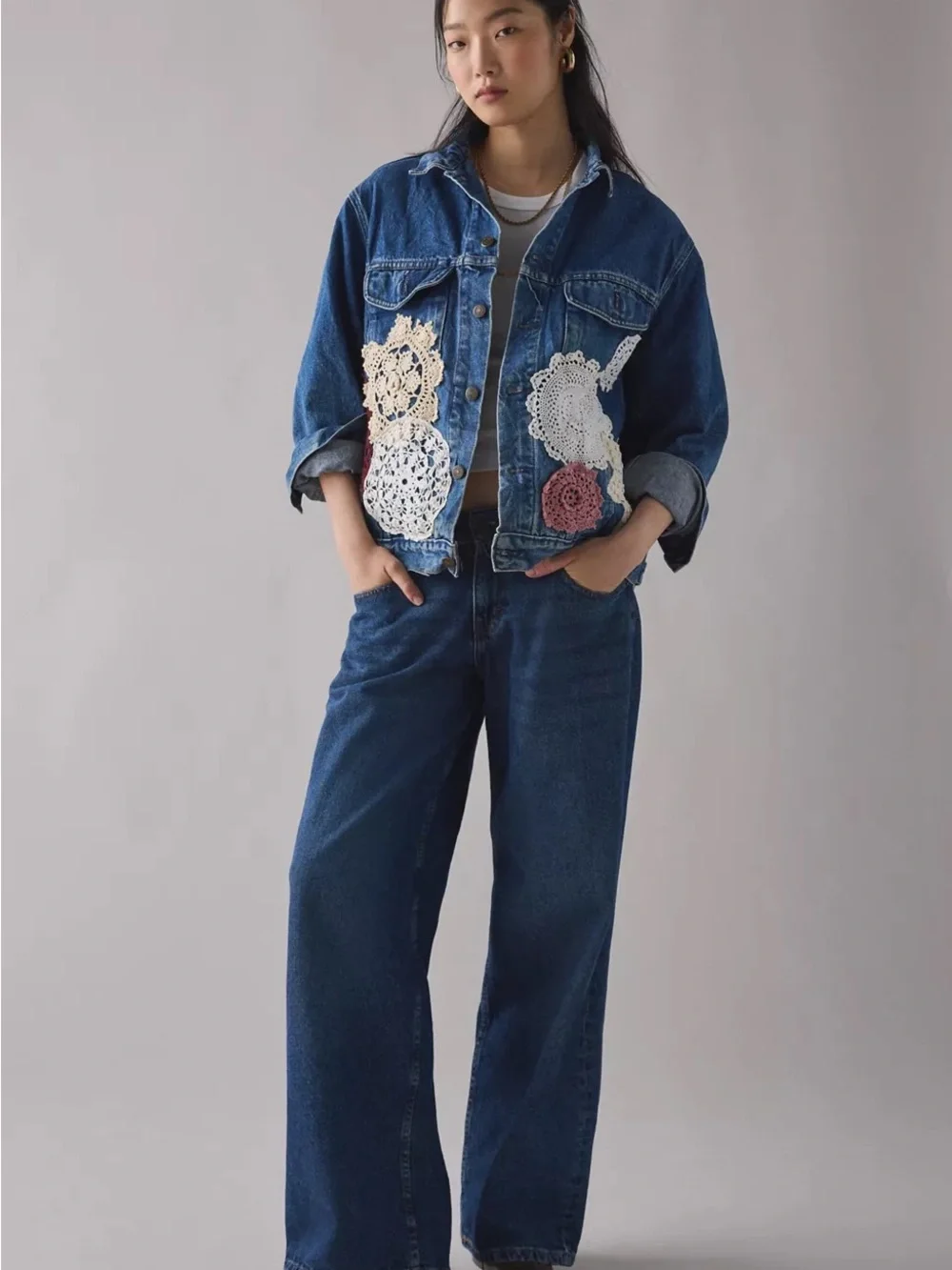 Denim Jacket with Crochet Doily Appliqués - Blue